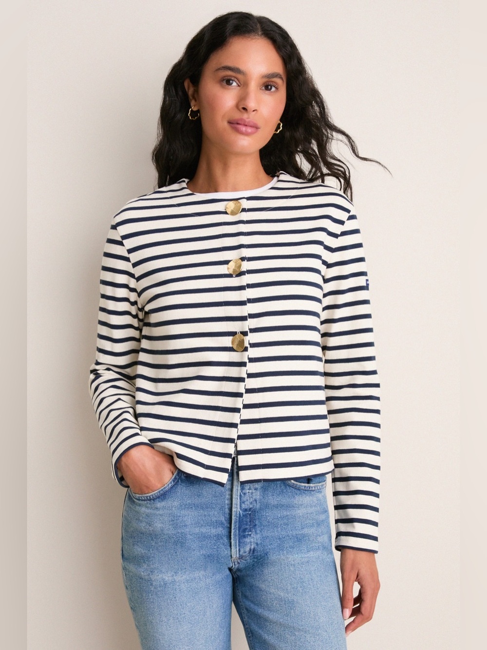 Saint James Ecru Marine Arignac Cardigan Sz44 NWT